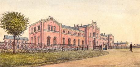 Der Lingener Bahnhof. Farbstiftzeichnung von Friedrich Gottlieb Müller, um 1860.