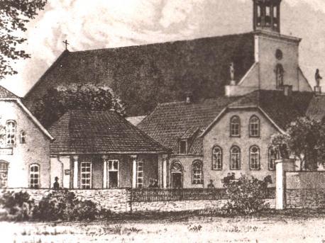 Das Torschreiberhaus (Burgstraße 27) auf einer Zeichnung aus der zweiten Hälfte des 19. Jahrhunderts. Rechts daneben die frühere Küsterwohnung Burgstraße 23, im Hintergrund die Bonifatiuskirche, die erst 1904/06 ihren heutigen Turm erhält.