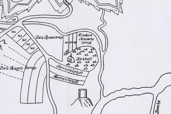 Die Marienkapelle mit Kirchhof („Kerkhoff“). Ausschnitt aus dem „Contrafeizell von de Stadt Linge“, um 1605/1619 (Abzeichnung: StadtA LIN, Karten und Pläne, Nr. 47) 