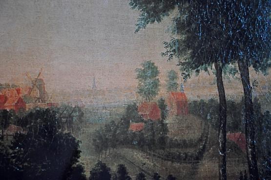 Die Marienkirche auf dem Friedhofsberg. Links beginnt die Stadt Lingen. Ausschnitt einer Nordwestansicht der Stadt Lingen aus der Hand des Malers Theodor Wasmuth, 1776. (Faksimile: StadtA LIN, Bildersammlung, o.Nr.)