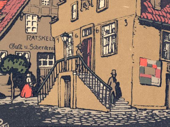 Laterne auf der Rathaustreppe (Postkartenausschnitt).