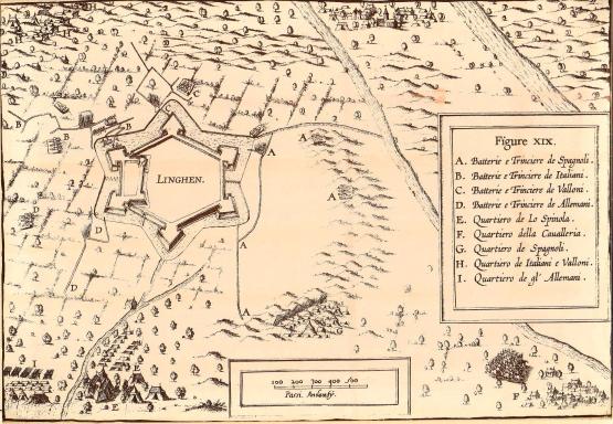 Abb. 1: Ansicht der Belagerung Lingens 1605 aus dem 1609 erschienenen Werk „Della guerre de Fiandra“ des Lingener Gouverneurs Pompeo Giustiniano. (StadtA LIN, Fotoserien, Nr. 712)