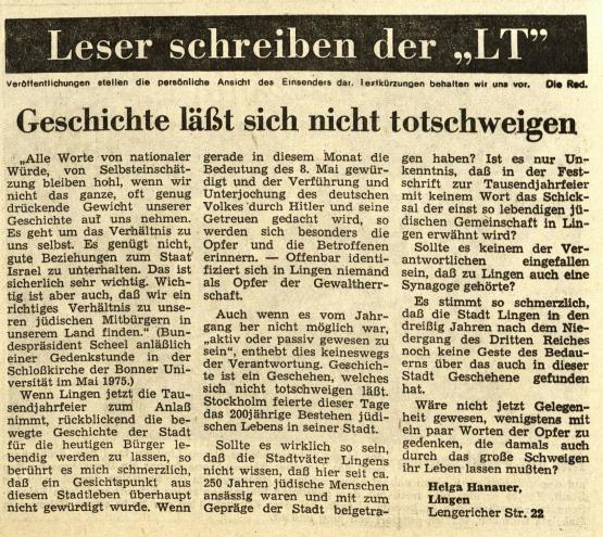 Helga Hanauers erster Leserbrief, erschienen am 22. Mai 1975 in der Lingener Tagespost 