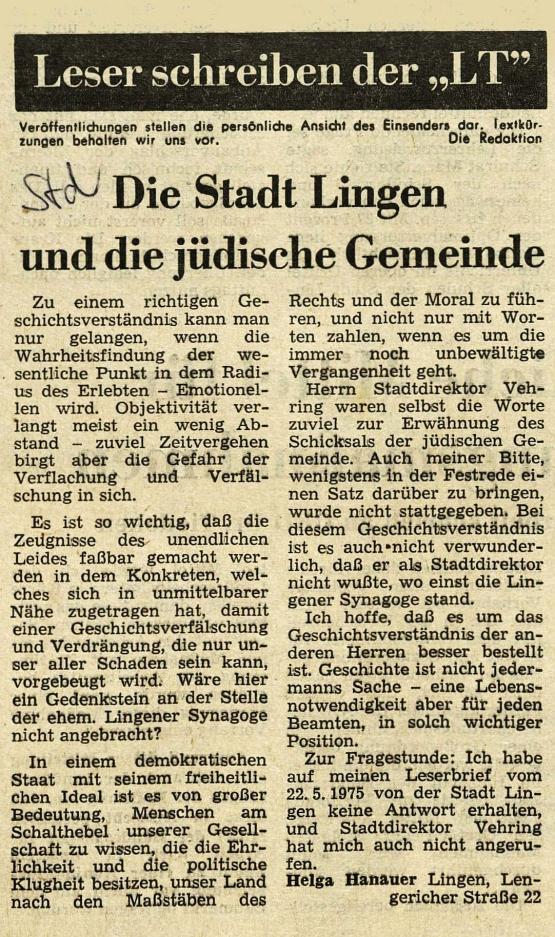 Helga Hanauers zweiter Leserbrief, erschienen am 27. Juni 1975 in der Lingener Tagespost 