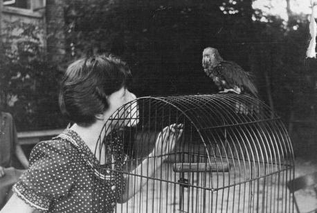 Gertrud Schievink mit dem Papagei Lora 1955.