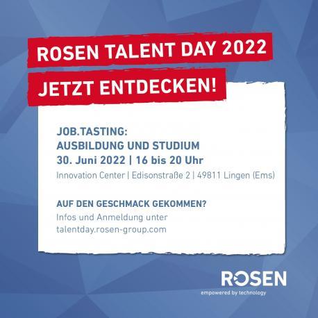 Der ROSEN Talent Day 2022 findet am 30. Juni von 16 bis 20 Uhr im ROSEN Innovation Center an der Edisonstraße 2 in Lingen (Ems) statt.