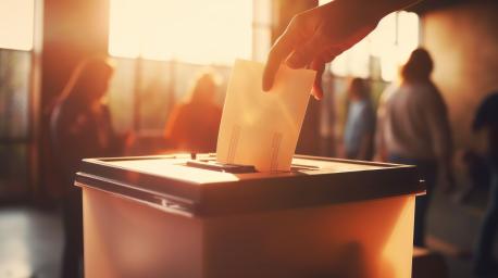 Das Bild zeigt eine Hand, die einen Zettel in eine Wahlurne wirft. Im Hintergrund sieht man die Silhouetten von Menschen. 