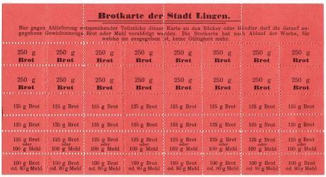 Brotkarte der Stadt Lingen (nach Oktober 1915). Originalgröße ca. 19 x 10 cm.