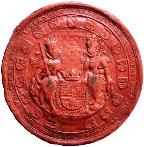 Siegel von Isabella Clara Eugenia von Spanien und ihrem Mann Albrecht von Habsburg an jener Urkunde, in der sie den Drosten auffordern, den Lingenern den Untertaneneid abzunehmen