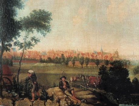 Nordwestansicht der Stadt Lingen aus der Hand des Malers Theodor Wasmuth, 1776. (Ausschnitt. Original im Alten Rathaus, Faksimile im Stadtarchiv Lingen).