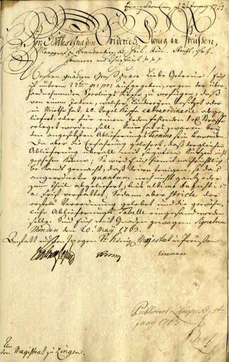 Im Namen Friedrichs des Großen ruft die Mindener Kammer den Lingener Magistrat 1763 zur Ablieferung von Sperlingsköpfen auf.
