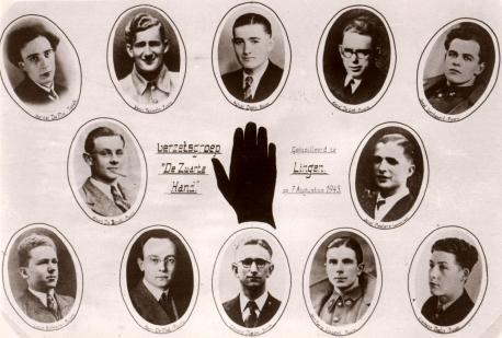 Erinnerungskarte für die zwölf hingerichteten belgischen Widerstandskämpfer der „Zwarten Hand“.