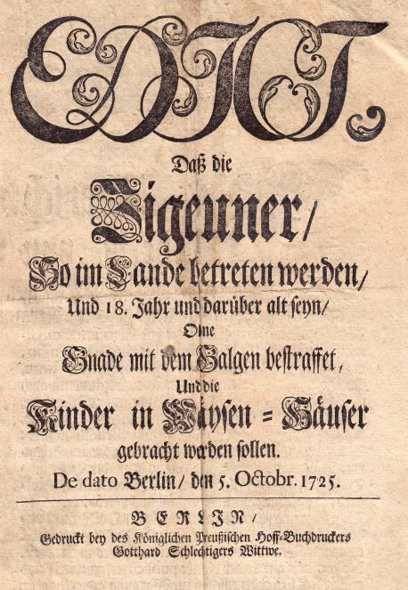 Edikt Friedrich Wilhelms I. gegen „Zigeuner“ vom 5. Oktober 1725.