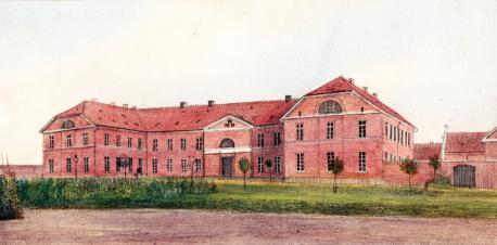 Die Lingener Strafanstalt um 1860. Farbstiftzeichnung von Friedrich Gottlieb Müller.