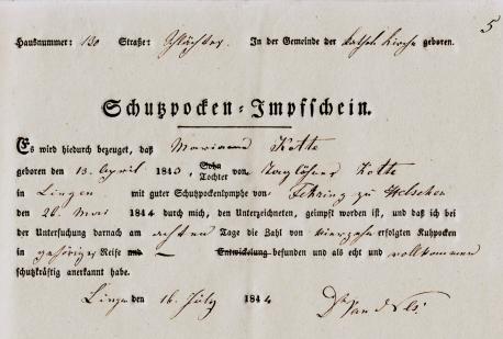 Impfschein der einjährigen Marianne Kotte aus der Schlachterstraße, unterzeichnet von Dr. van Nes, 1844