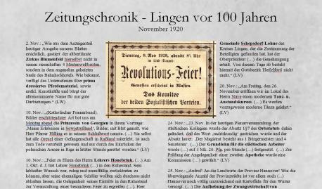 Zeitungschronik - Lingen vor 100 Jahren - November 1920