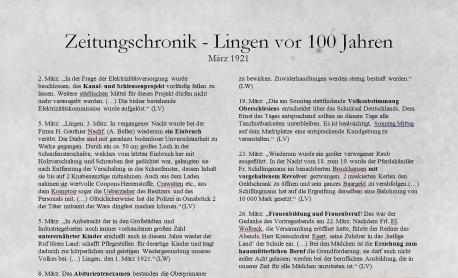 Zeitungschronik - Lingen vor 100 Jahren - März 1921