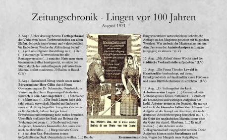 Zeitungschronik - Lingen vor 100 Jahren - August 1921