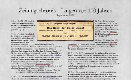 Zeitungschronik - Lingen vor 100 Jahren - September 1921